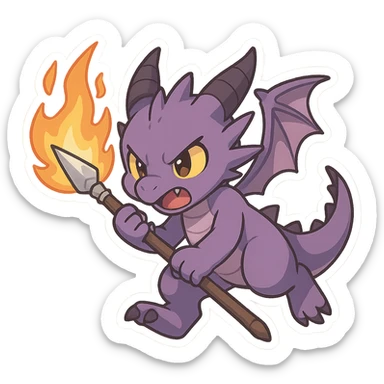 purple chibi anime dragon, gripping a flaming spear, dynamic pose, intense expression sticker