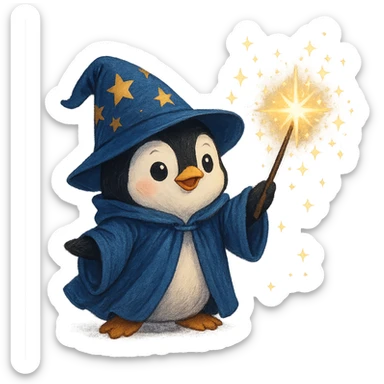 penguin wizard casting a spell, sparkles around, holding a wand sticker