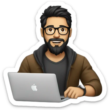 Designer with black hair, beard and glasses working with MacBook and drinking cappuccino  sticker