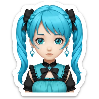 anime-style female character with bright turquoise hair styled in twin tails and matching blue eyes. Her outfit is a frilly turquoise and black dress in a Lolita-esque style, heavily contrasted with black ribbons and trim. A key detail is the prominent "AWP" logo printed in black on the chest, sticker
