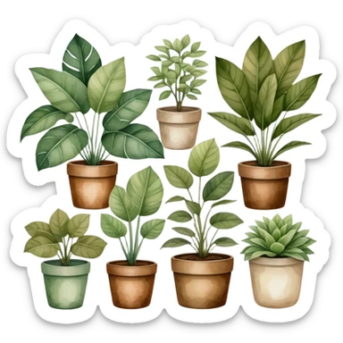 A vintage-inspired botanical watercolor of assorted houseplants, arranged harmoniously with muted tones and natural textures. sticker