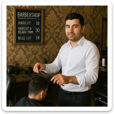 Draw me a picture of a barbershop that looks like this guy working in a barbershop. The barbershop doesn't have to be very modern. It should be on a medium floor. Also draw a blackboard on the wall. It should have the prices for haircuts there. sticker