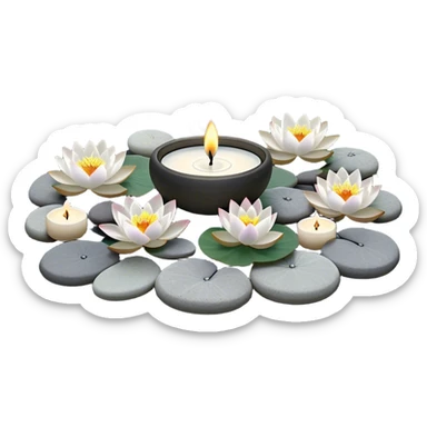 A photorealistic icon featuring lotus flowers, burning incense sticks with smoke rising, smooth round sea stones, and multiple small round candles arranged in a calming, tranquil setting. Soft, peaceful colors with detailed textures that evoke mindfulness and inner peace. Transparent background sticker