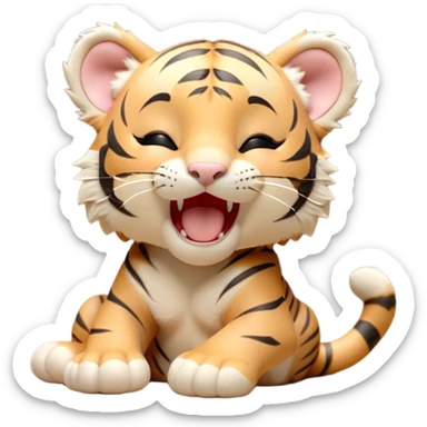 Cinematic Cute Yawning Tiger Cub Portrait Emoji, Head tilted slightly with a dramatic, wide-open yawn, showcasing a small, plush body with drowsy, half-closed eyes and an open, relaxed expression, Simplified yet irresistibly adorable features, highly detailed, glowing with a soft, cozy wild glow, high shine, relaxed yet expressive, stylized with a dash of whimsical jungle charm, soft glowing outline, capturing the essence of a drowsy yet affectionate tiger cub that appears ready to stretch out for a nap! sticker