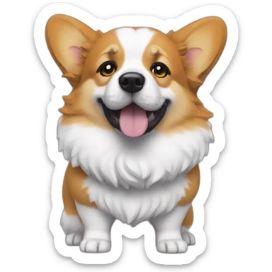 Full body Corgi in a bob Ross wig and costume sticker