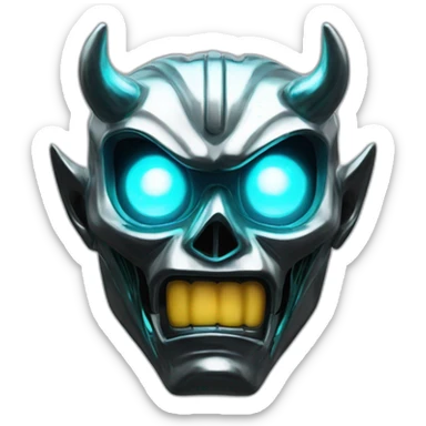 chrome demon with aquamarine lazer eyes and letter B on the face, 3d, portrait, black background sticker