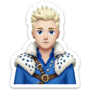 Medieval winter outfit worn by a DnD themed fantasy male character. Heavy cobalt blue wool tunic with snow leopard fur lining, secured by polished bone toggles and a wide leather belt with brass studs. Clothes only above the waist, full waist coverage. The character has no arms. Character is white-skinned with platinum blonde hair, winter-sky blue eyes, and short spiky hair touched by snowflakes. sticker