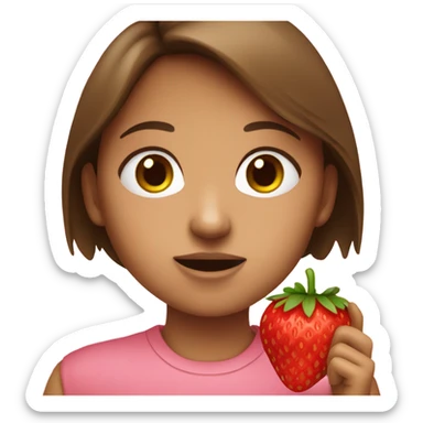 A girl with brown hair eating a strawberry  sticker
