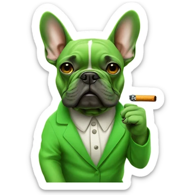 A bright green french bulldog smoking a cigarette sticker