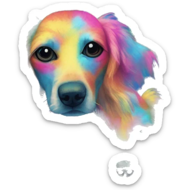 Multicolored rainbow retro groovy tie dye hippie trippy floral patterns on a metallic holographic iridescent blue dog face head sticker
