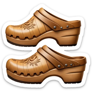 Cinematic Realistic Wooden Clogs Emoji, depicted as a pair of traditionally carved weathered wooden clogs with intricate details and rustic charm, rendered with rich textures and warm natural lighting that captures their cultural heritage. sticker