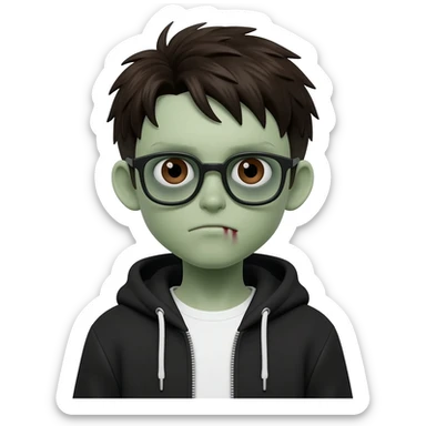 zombie boy with white tshirt and black brownish hair and with black glasses frames on hair is texturized young boy and round face more green face and dark brown eyes black thick cotton y2k hoodie with the white t-shirt under it hood of hoodie is standing up a slight bit and no ties on hoodie sticker