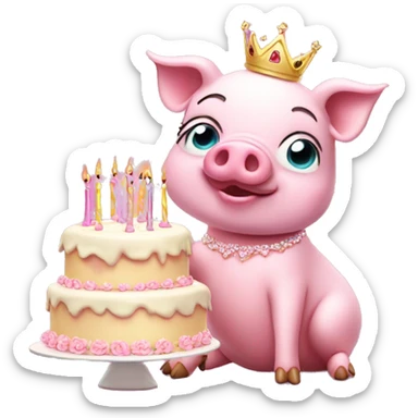 Pink pig in tutu and tiara with birthday cake  sticker