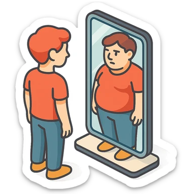 mirror reflecting a body that differs from the original, hinting at distorted body perception or psychosomatics of appearance, the physical reflects the inner self, with clear shadows and highlights, 2D isometric style sticker