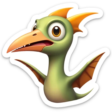 Cinematic Comical Pterodactyl Portrait Emoji, Head tilted dramatically with an exaggeratedly shocked expression, featuring a sleek, streamlined body with a quirky, animated beak and wide, comically expressive eyes full of playful disbelief, Simplified yet hilariously expressive features, highly detailed, glowing with a slightly sassy ethereal glow, high shine, dramatic yet playful, stylized with an air of cheeky prehistoric mischief, soft glowing outline, capturing the essence of a meme-worthy Pterodactyl that looks ready to side-eye its way into viral fame! sticker