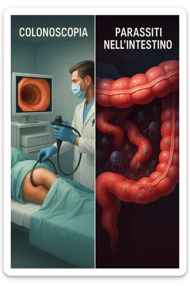 A split-screen medical illustration in cinematic style: on the left side, a doctor performing a colonoscopy on a patient in a sterile clinic, with the endoscopic camera displaying clean, healthy mucosal surfaces on a screen. On the right side, a symbolic cross-section of the same intestine — but shown in deeper layers beneath the surface, where parasitic organisms (small, translucent or shadowy figures) hide between folds and tissues not visible via standard scope. The contrast is clear: what is seen vs. what remains hidden. Lighting on the left is bright, sterile, clinical; lighting on the right is darker, with red and blue tones to suggest inflammation and invasion. Shot in hyper-realistic 3D medical style, educational but emotionally charged IN ITALIANO sticker