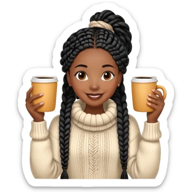 A dark-skinned Black woman with long black box braids, holding a steaming coffee cup with both hands, wearing a cozy sweater, smiling. sticker