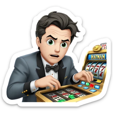 disheveled bat man losing money at a slot machine, panicked face, coins flying sticker