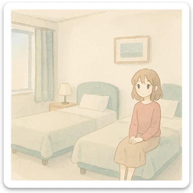 Change the double bed in the hotel room to two single beds. Maintain the soft watercolor illustration style with pastel colors, delicate linework, a gentle, whimsical mood, anime-inspired features, and minimal, soft shading. sticker