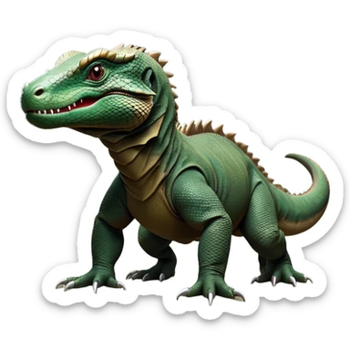 cinematic-komodo-dragon-realistic-full-body-standing on all fours-emoji,-massive-scaled-body-poised-with-quiet-power,-rough-textured-skin-dark-green-and-dark brown, black,-head-tilted-dramatically,-long-forked-tongue-flicking-out,-simplified-yet-realistic-focused-features,-highly-detailed,-glowing-with-an-almost-sarcastic-glow

 sticker