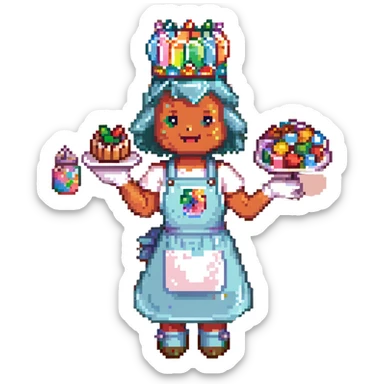 A playful baker in a pastel-pink candy lab. Walls of bubblegum bricks, frosting-covered counters, and a cupcake-shaped oven. The baker wears a gummy bear-studded apron, marshmallow gloves, and a rock candy crown. UI elements look like melting lollipops, candy cane sliders, and syrupy transitions. sticker
