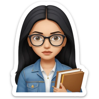 generate a pretty bratz emoji 
Make her look like Deepika Padukone wear a white dress with a denim jacket over it.long  black hair in a side part. Holding books

She should look exactly  like Deepika padukone! wearing tiny rectangular spectacle, looking sad sticker