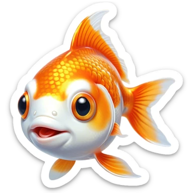 Cinematic Cute Orange and White Goldfish Portrait Emoji, Head tilted playfully and inquisitively, featuring a glossy, vibrant body adorned with a striking mix of orange and white, round, sparkling golden eyes filled with curiosity, Simplified yet irresistibly adorable features, highly detailed, glowing with a warm, friendly glow, high shine, affectionate and lively, stylized with a touch of whimsy, bright and endearing, soft glowing outline, capturing the essence of a mischievous yet loving goldfish, so playful it feels like it could swim out of the screen and into your heart! sticker