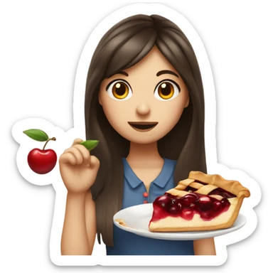 Girl brunette with fringe eating a cherry pie sticker