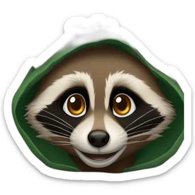 brown raccoon with orange eyes and a dark green hood that smile sticker