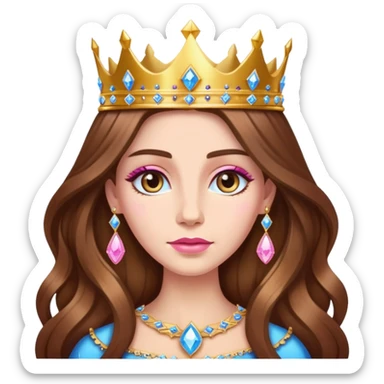Queen, brown long hair, golden crown encrusted with pink and blue diamonds sticker