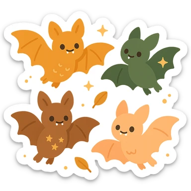A group of cute, flying bats with a soft and magical aesthetic, illustrated in a warm color palette: golden orange (FA9B41), deep forest green (4A7C5C), muted taupe brown (96775A), and pastel peach (FFCC9A). Each bat has round, friendly eyes, small fangs, and gentle wing shapes with whimsical patterns or tiny stars. Their fur and wings are colored in soft combinations of the given tones, giving them a cozy, storybook-like charm. They fly playfully through a softly glowing night sky with sparkles or floating leaves, creating a dreamy, enchanting atmosphere. The mood is cute, calm, and a little magical sticker