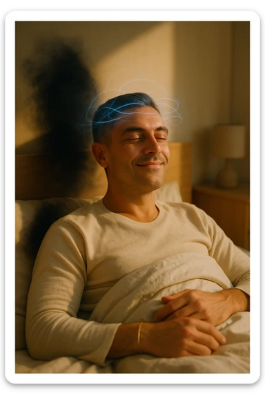 A cinematic image of a man in his mid-30s lying in bed, just waking up from deep sleep. His expression is calm and visibly transformed — a sense of inner peace, relief and subtle joy on his face. Soft morning light enters the room, casting gentle golden tones over his features. His eyes sono ancora semi chiusi, ma il viso è disteso, come se un grande peso fosse stato rilasciato durante la notte. Accanto a lui, simbolicamente sfocato, un’ombra o un alone scuro si dissolve, rappresentando il malessere notturno superato. Intorno alla sua testa, leggere onde di luce azzurra o bianca simboleggiano l’attività cerebrale rigenerativa della fase REM. La camera è ordinata, minimalista, con materiali naturali. L’atmosfera è serena, rigenerativa, intima. Shot in 35mm film style, high realism, shallow depth of field, warm highlights and clean shadows. sticker