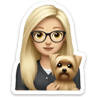 White girl blonde hair closed wearing glasses hugs Yorkshire terrier  sticker