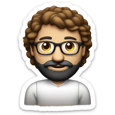 Un homme blanc avec une barbe noir rasé et des cheveux noir très court avec des yeux marron et des lunette fine et ronde qui travail sur un macbook sticker