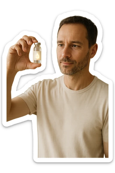 A realistic, high-quality cinematic photo of a health-conscious man in his late 30s holding a small clear glass vial filled with structured, informatized water used in kinesiological treatments. The man is standing in a bright, clean holistic therapy studio with wooden furniture and plants, looking at the vial with a focused, hopeful expression. The vial has a minimalist label with a water droplet symbol, glowing softly to symbolize its informational energy properties. The atmosphere is calm, professional, and filled with natural light, conveying the holistic, gentle yet advanced nature of kinesiological practices sticker
