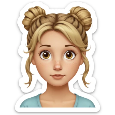 creative women with long dark Blond with highlights semi curly hair white women with hair in a messy bun, oval shape face hazel eyes long lashes freckles on the nose high cheek bones sticker