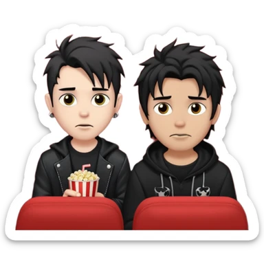 pale Goth boy with a bunch of face piercings, with shaggy dark brown hair, next to a tan skin gamer boy with long black hair , they are watching a movie in the theater together  sticker