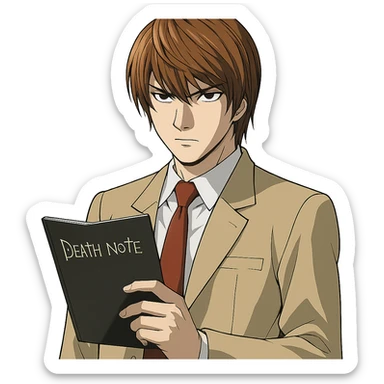 Light Yagami from Death Note, anime style, serious expression, holding a notebook, brown hair, school uniform sticker