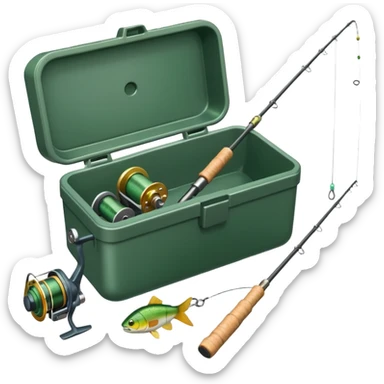 A fishing rod with reel and line neatly coiled beside a bait box.

 sticker