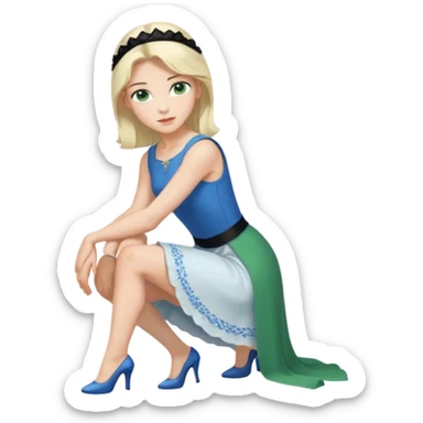 prince, upright, black Hair, blue eyes, garment,  Woman, bending knee, sleveless white dress, blonde hair, green eyes, sticker