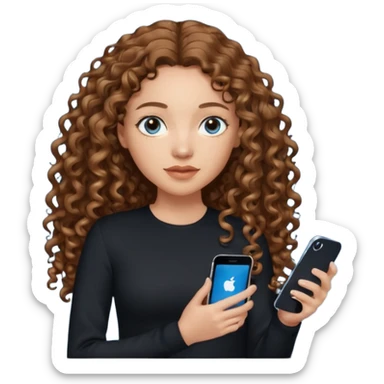 generate a pretty woman with blue eyes, light skin and medium brown long curly shiny hair holding an iphone she is looking at the phone and holding it in her hand. she is wearing an ALL black long sleeve sticker