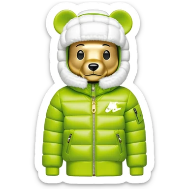classic geometrical bearbrick with cubic body structure, lime balaclava with built-in single visor lens, Nike logo puffer jacket with luxurious white fur collar and cuffs, designer streetwear, gold chains sticker