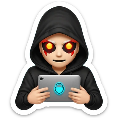 Black-hooded neon hacker emoji, red and cyan glow only, slamming glowing text “FTHESCAMMERS” with impact flash, aggressive anti-scam vibe, smooth 2-second loop, transparent background, Discord sticker style, no new colors. sticker