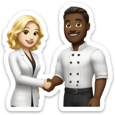 restaurant owner with white skin, and blogger with white skin, shaking hands in great detail sticker