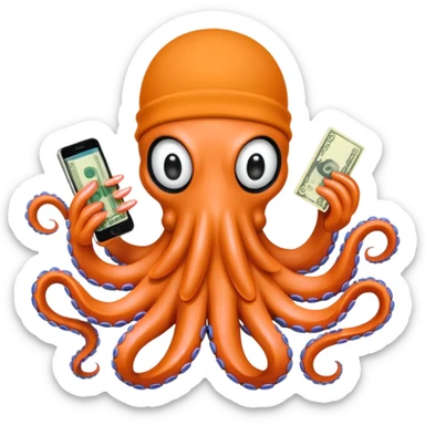 Intimidating octopus with pearl black skin, neon peach colored suction cups. Violent looking octopus is wearing a white balaclava and thick shiny gold necklace. 2 tentacles are holding their own cellphone, 2 more tentacles are holding stacks of money. sticker