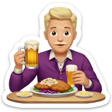 German man eating schnitzel, potato salad, red cabbage, sauerkraut, and beer sticker