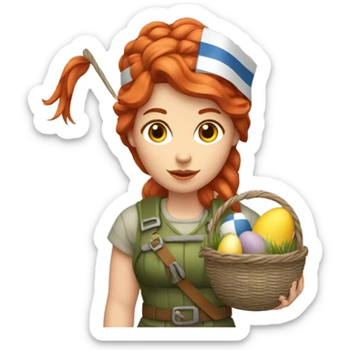 red hair female winter mountaineer with Easter basket and Greek flag sticker
