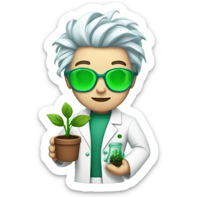 cyborg scientist wearing a lab coat and holding a small plant, woman with green hair, undercut hair cut sticker