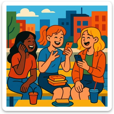 three young women on a lunch break, each on their phone, laughing and talking, urban background, relaxed and social vibe sticker