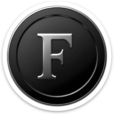 Emoji icon of a black coin with engraved letter F, minimalist style, isolated, only black color sticker